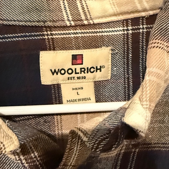Men’s Woolrich Flannel Button Down Shirt Long Sleeve Size Large Brown Cream EUC - Picture 2 of 8